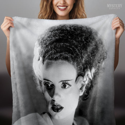 Bride of Frankenstein 1935 Vintage Elsa Lanchester Horror Movie Monster Black and White Photo reproduction velveteen plush throw blanket from Mystery Supply Co. @mysterysupplyco