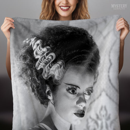 Bride of Frankenstein 1935 Vintage Horror Movie Monster Black and White Dramatic Photo velveteen plush throw blanket from Mystery Supply Co. @mysterysupplyco