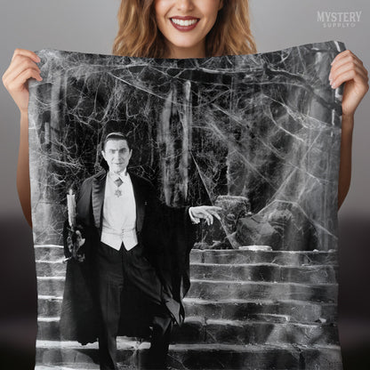 Dracula 1930s Vintage Bela Lugosi Horror Movie Vampire Monster Spooky Candle Steps Cobwebs Black and White Photo velveteen plush throw blanket from Mystery Supply Co. @mysterysupplyco