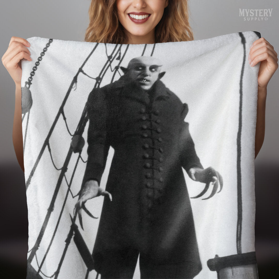 Nosferatu 1922 vintage horror monster vampire movie Dracula Count Orlok photo velveteen plush throw blanket from Mystery Supply Co. @mysterysupplyco