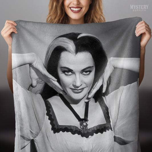 Lily Munster Yvonne De Carlo 1960s Vintage The Munsters Vampire Horror Monster Beauty Black and White Photo velveteen plush throw blanket from Mystery Supply Co. @mysterysupplyco