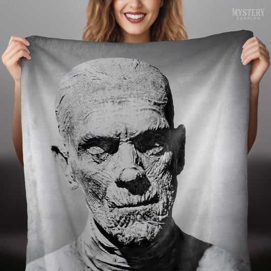 The Mummy 1932 Vintage Horror Movie Monster Boris Karloff Black and White Photo velveteen plush throw blanket from Mystery Supply Co. @mysterysupplyco