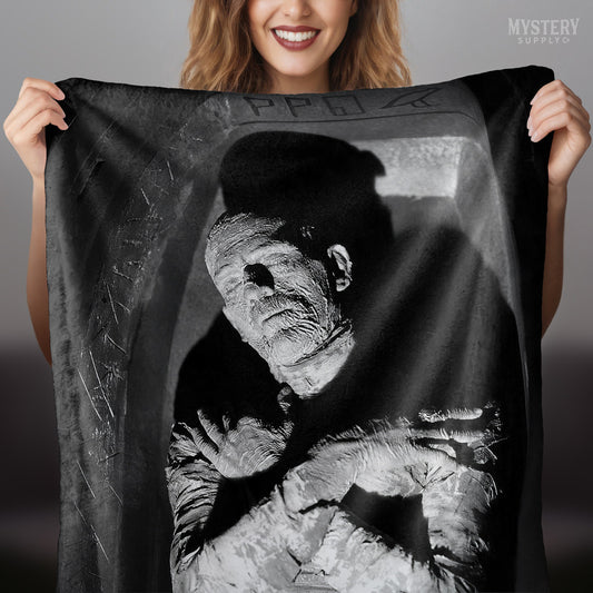 The Mummy 1932 Vintage Horror Movie Monster Boris Karloff Coffin Black and White Photo velveteen plush throw blanket from Mystery Supply Co. @mysterysupplyco