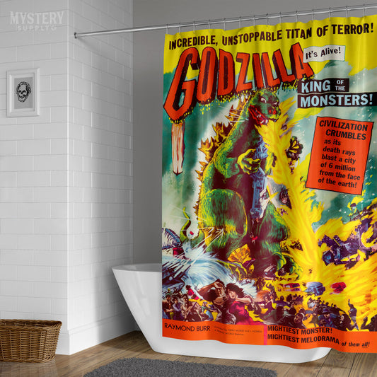 Godzilla 1956 vintage horror monster Gojira lizard movie poster reproduction shower curtain bathroom decor from Mystery Supply Co. @mysterysupplyco