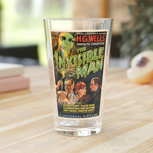 Invisible Man 1933 vintage horror monster H.G. Wells movie poster 16oz pint glass home decor glassware from Mystery Supply Co. @mysterysupplyco