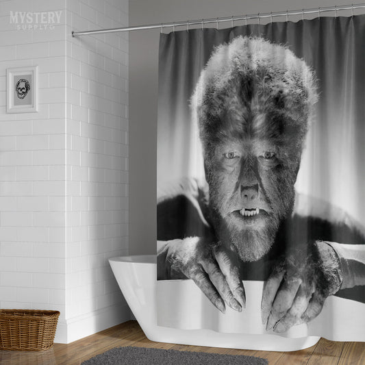 The Wolf Man 1941 Vintage Horror Movie Monster Lon Chaney Jr. Werewolf fangs and claws Black and White photo reproduction shower curtain bathroom decor from Mystery Supply Co. @mysterysupplyco