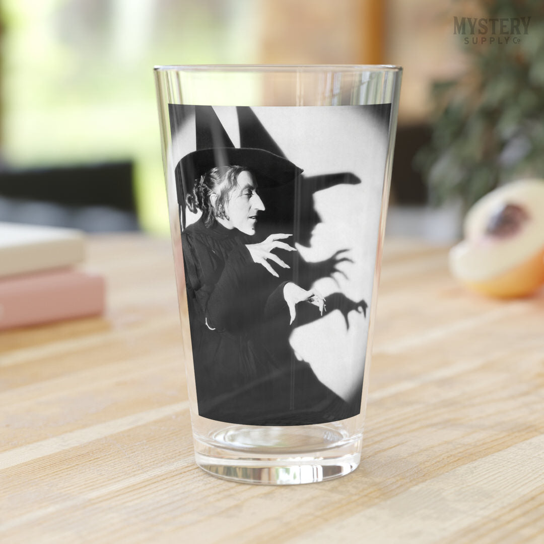 Wicked Witch of the West 1930s vintage profile with shadow Margaret Hamilton Wizard of Oz black and white movie photo 16oz pint glass home decor glassware from Mystery Supply Co. @mysterysupplyco