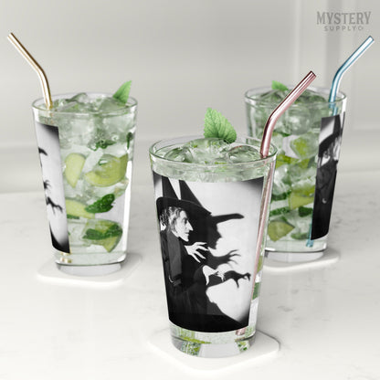 Wicked Witch of the West 1930s vintage profile with shadow Margaret Hamilton Wizard of Oz black and white movie photo 16oz pint glass home decor glassware from Mystery Supply Co. @mysterysupplyco