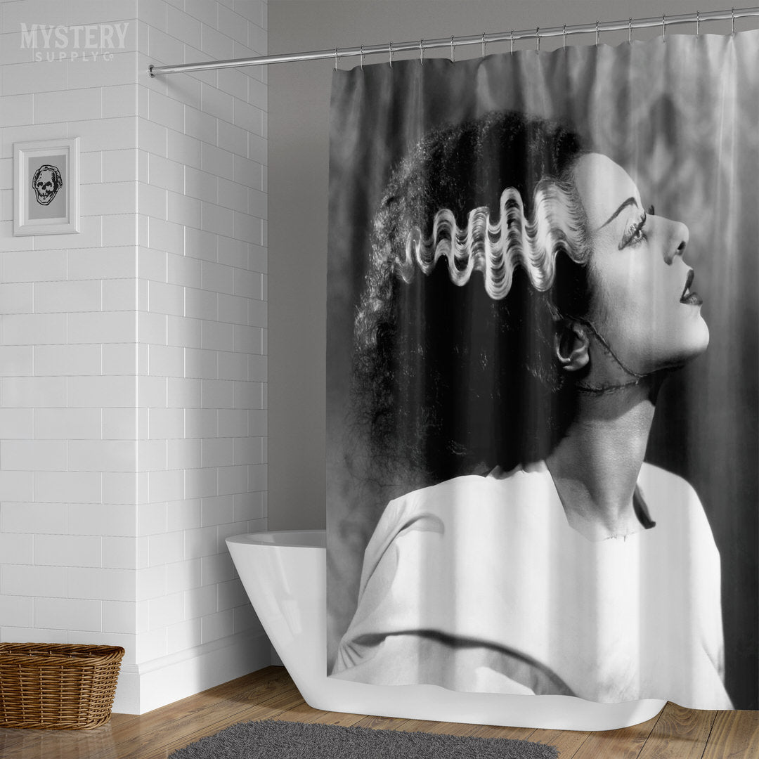 Bride of Frankenstein 1935 Vintage Horror Movie Monster Black and White Elsa Lanchester Profile Photo reproduction shower curtain bathroom decor from Mystery Supply Co. @mysterysupplyco