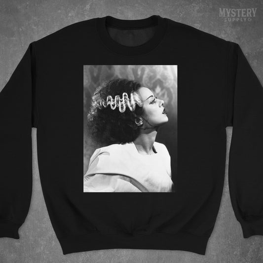 Bride of Frankenstein 1935 Vintage Horror Movie Monster Black and White Elsa Lanchester Profile Photo reproduction Mens Womens Unisex Heavy Blend Crewneck Sweatshirt from Mystery Supply Co. @mysterysupplyco