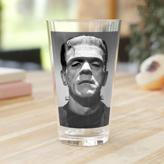 Frankenstein 1931 Vintage Horror Movie Monster Black and White Photo 16oz pint glass home decor glassware from Mystery Supply Co. @mysterysupplyco