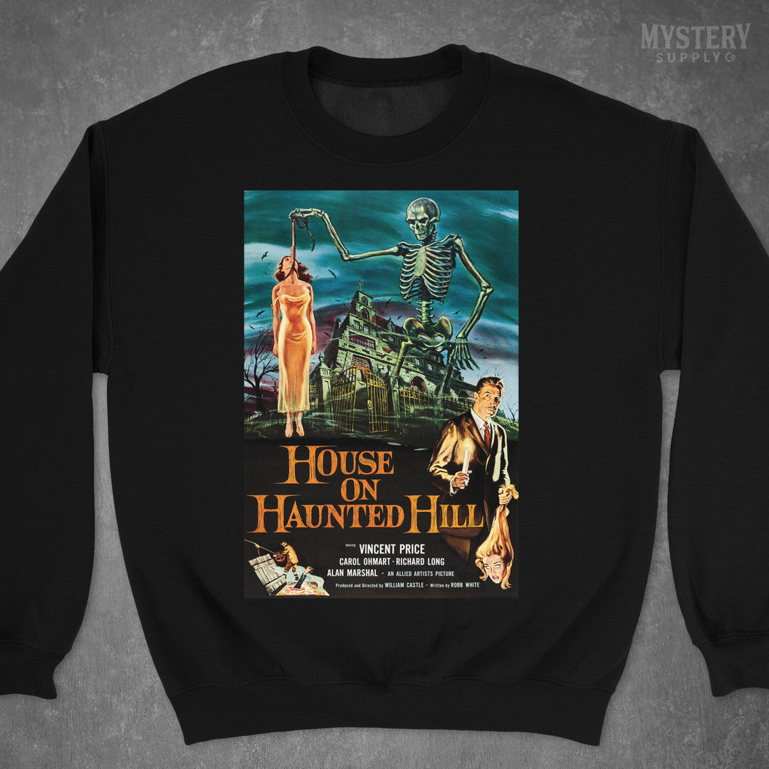 House on Haunted Hill 1959 vintage horror skeleton Vincent Price movie poster Mens Womens Unisex Heavy Blend Crewneck Sweatshirt from Mystery Supply Co. @mysterysupplyco