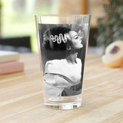 Bride of Frankenstein 1935 Vintage Horror Movie Monster Black and White Elsa Lanchester Profile Photo reproduction 16oz pint glass home decor glassware from Mystery Supply Co. @mysterysupplyco