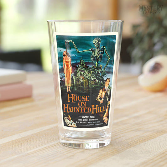 House on Haunted Hill 1959 vintage horror skeleton Vincent Price movie poster 16oz pint glass home decor glassware from Mystery Supply Co. @mysterysupplyco