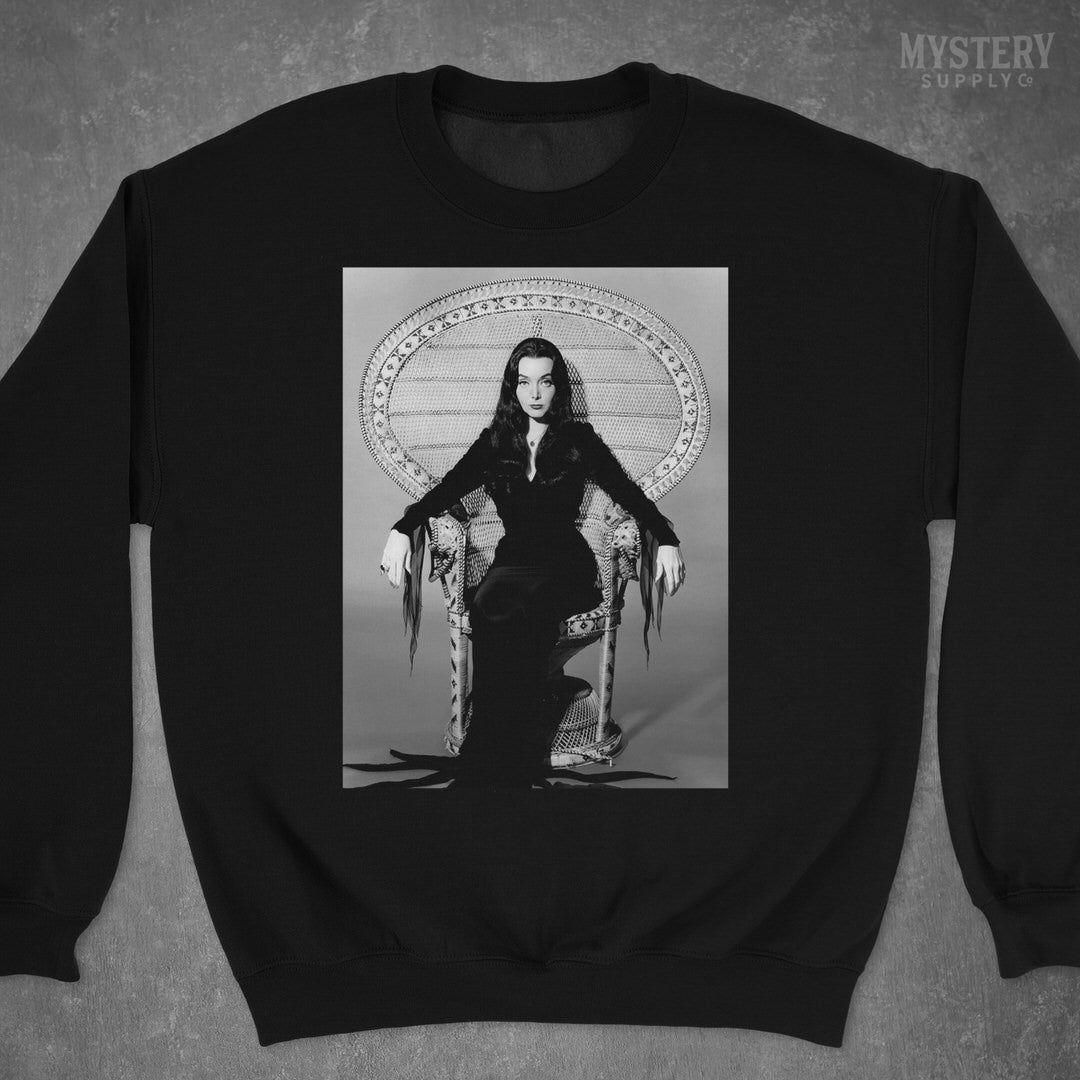 Morticia Addams Carolyn Jones 1960s Vintage Addams Family Witch Horror Monster Beauty Black and White Photo Mens Womens Unisex Heavy Blend Crewneck Sweatshirt from Mystery Supply Co. @mysterysupplyco