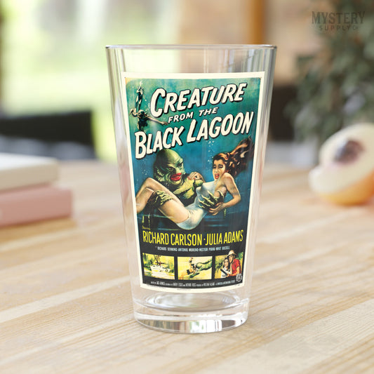 Creature from the Black Lagoon 1954 vintage horror monster gill man movie poster 16oz pint glass home decor glassware from Mystery Supply Co. @mysterysupplyco