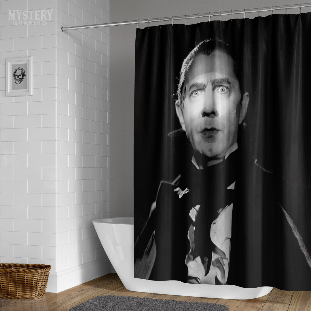 Dracula 1930s Vintage Bela Lugosi Horror Movie Vampire Monster Black and White Photo reproduction shower curtain bathroom decor from Mystery Supply Co. @mysterysupplyco