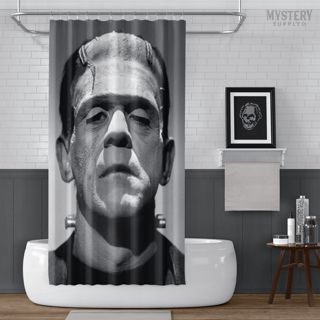 Frankenstein 1931 Vintage Horror Movie Monster Photo shower curtain bathroom decor from Mystery Supply Co. @mysterysupplyco