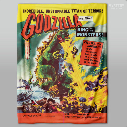 Godzilla 1956 vintage horror monster Gojira lizard movie poster velveteen plush throw blanket from Mystery Supply Co. @mysterysupplyco