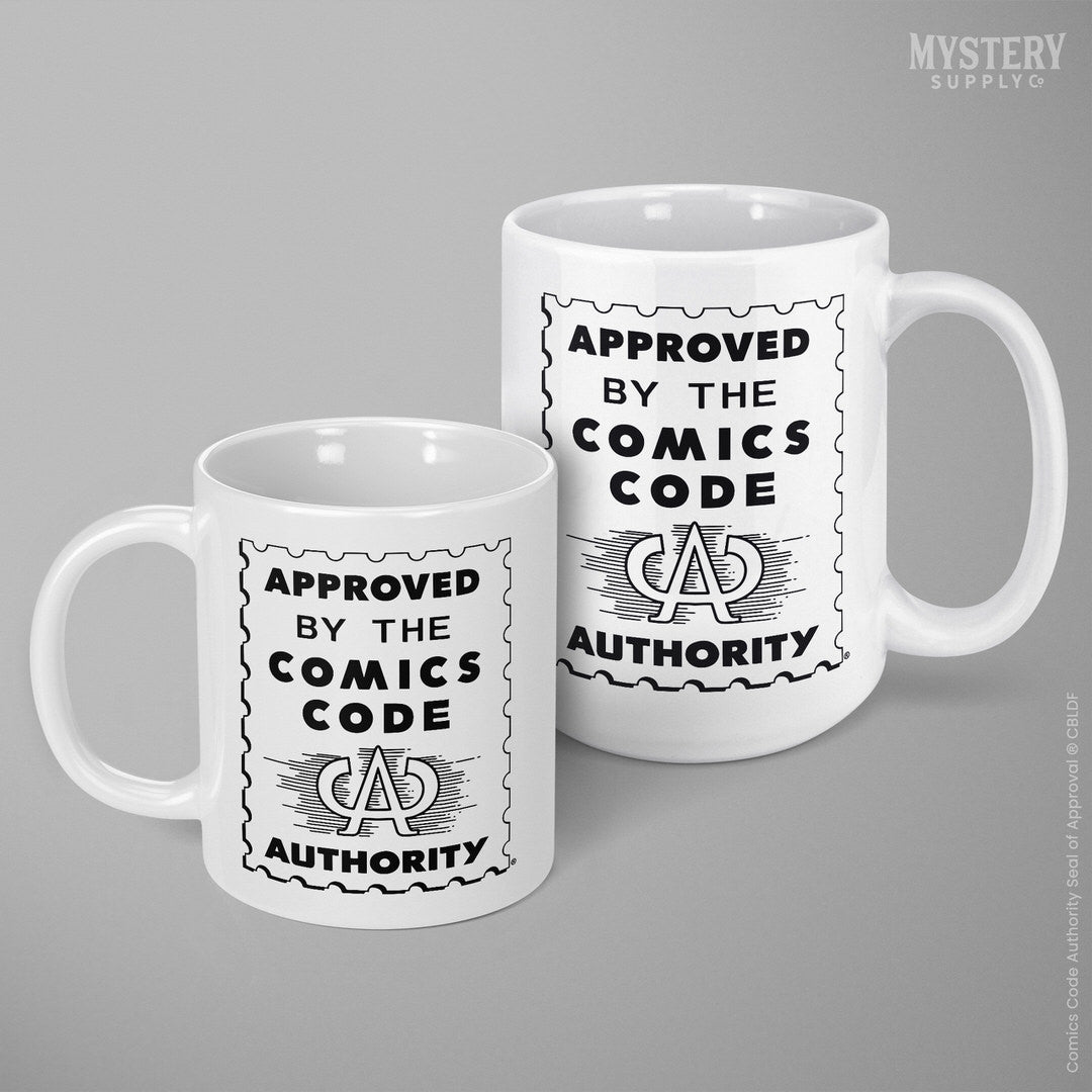 Approved by the Comics Code Authority 11oz and 15oz white ceramic vintage comic book coffee mug from Mystery Supply Co. @mysterysupplyco