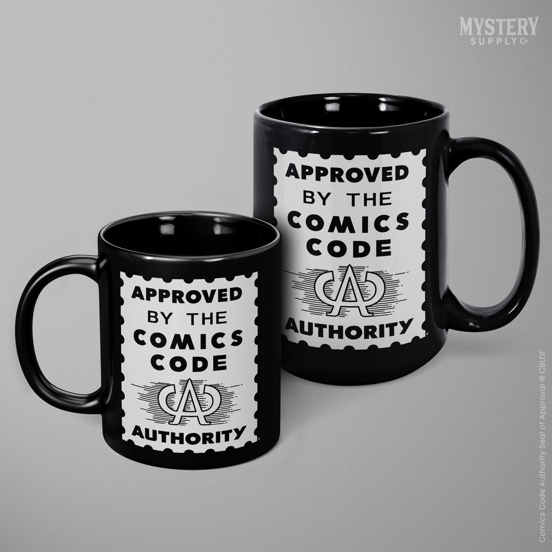 Approved by the Comics Code Authority 11oz and 15oz black ceramic vintage comic book coffee mug from Mystery Supply Co. @mysterysupplyco