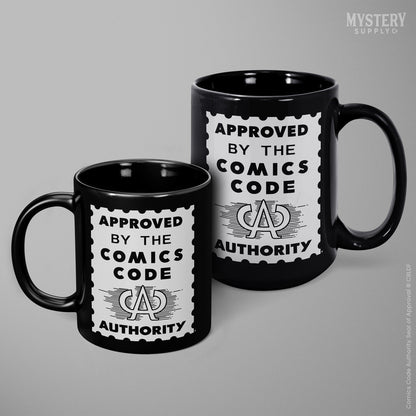 Approved by the Comics Code Authority 11oz and 15oz black ceramic vintage comic book coffee mug from Mystery Supply Co. @mysterysupplyco