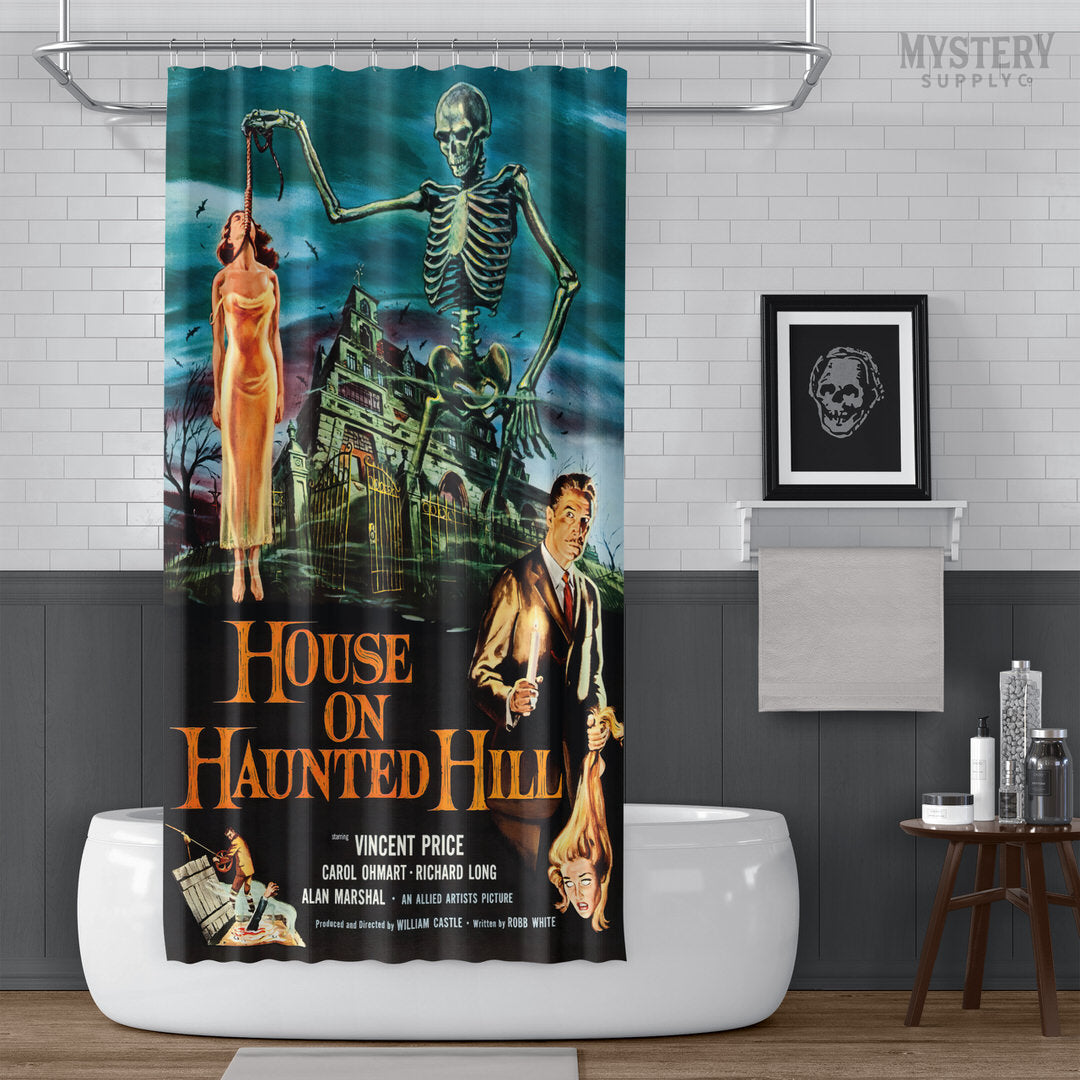 House on Haunted Hill 1959 Horror Movie shower curtain bathroom decor from Mystery Supply Co. @mysterysupplyco