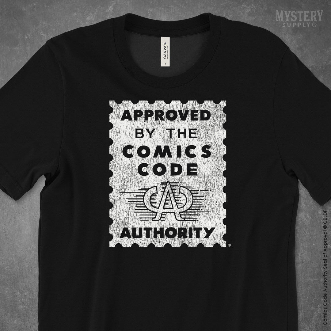 Approved by the Comics Code Mens Womens Unisex Officially Licensed black vintage comic book T-Shirt from Mystery Supply Co. @mysterysupplyco