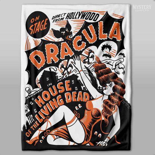 Dracula House of the Living Dead 1942 vintage vampire bat horror stage show velveteen plush throw blanket from Mystery Supply Co. @mysterysupplyco