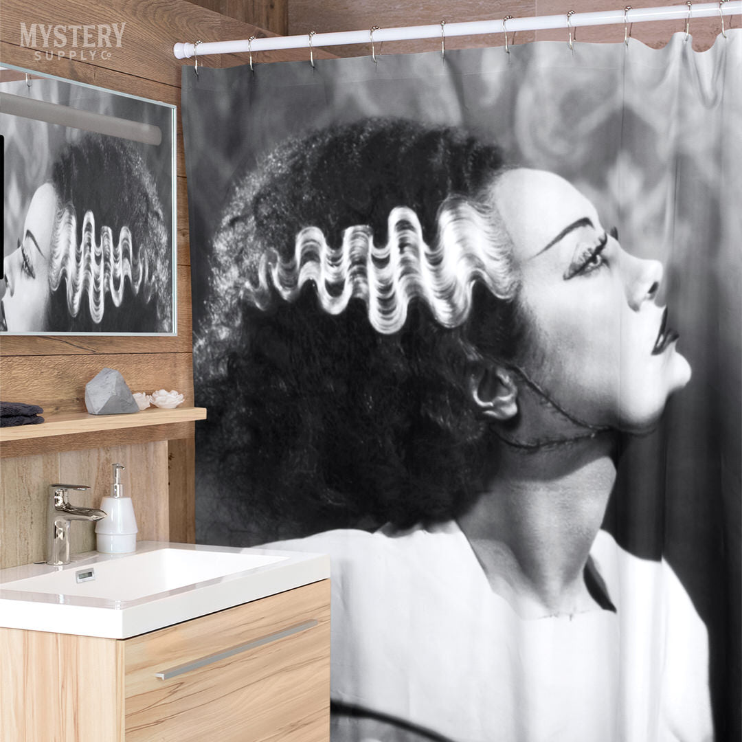 Bride of Frankenstein 1935 Vintage Horror Movie Monster Black and White Elsa Lanchester Profile Photo reproduction shower curtain bathroom decor from Mystery Supply Co. @mysterysupplyco