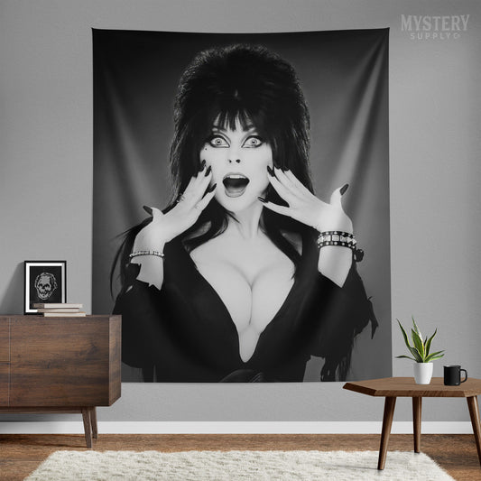 Elvira Mistress of the Dark 1980s Vintage Cassandra Peterson Vampire Horror Monster Beauty Black and White Tapestry Wall Hanging from Mystery Supply Co. @mysterysupplyco