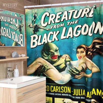 Creature from the Black Lagoon 1954 vintage horror monster gill man movie poster reproduction  shower curtain bathroom decor from Mystery Supply Co. @mysterysupplyco