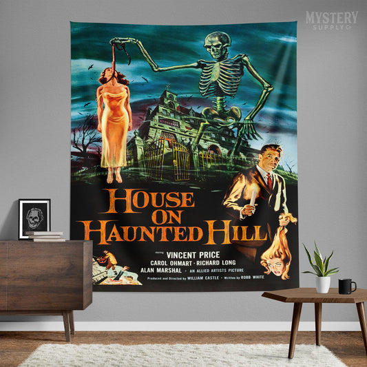 House on Haunted Hill 1959 vintage horror skeleton Vincent Price movie Tapestry Wall Hanging from Mystery Supply Co. @mysterysupplyco
