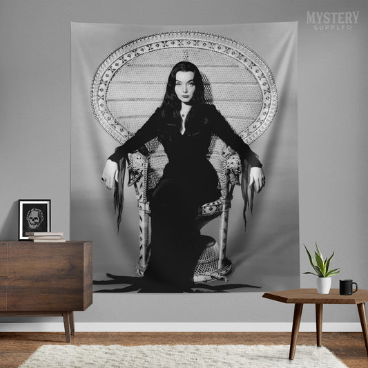 Morticia Addams Carolyn Jones 1960s Vintage Addams Family Witch Horror Monster Beauty Black and White Tapestry Wall Hanging from Mystery Supply Co. @mysterysupplyco