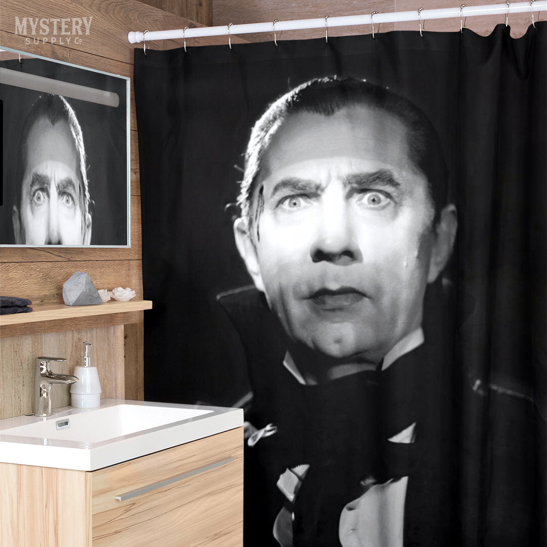 Dracula 1930s Vintage Bela Lugosi Horror Movie Vampire Monster Black and White Photo reproduction shower curtain bathroom decor from Mystery Supply Co. @mysterysupplyco