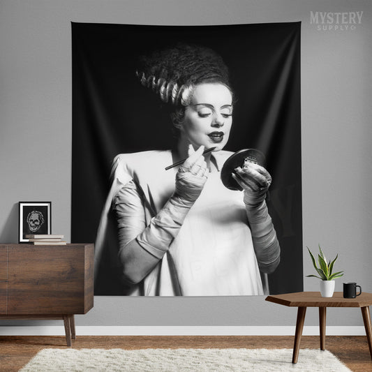 Bride of Frankenstein 1935 Vintage Horror Movie Monster Black and White Makeup Lipstick Behind the Scenes Tapestry Wall Hanging from Mystery Supply Co. @mysterysupplyco