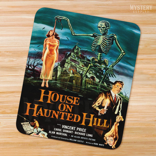 House on Haunted Hill 1959 vintage horror skeleton Vincent Price movie poster reproduction mousepad from Mystery Supply Co. @mysterysupplyco