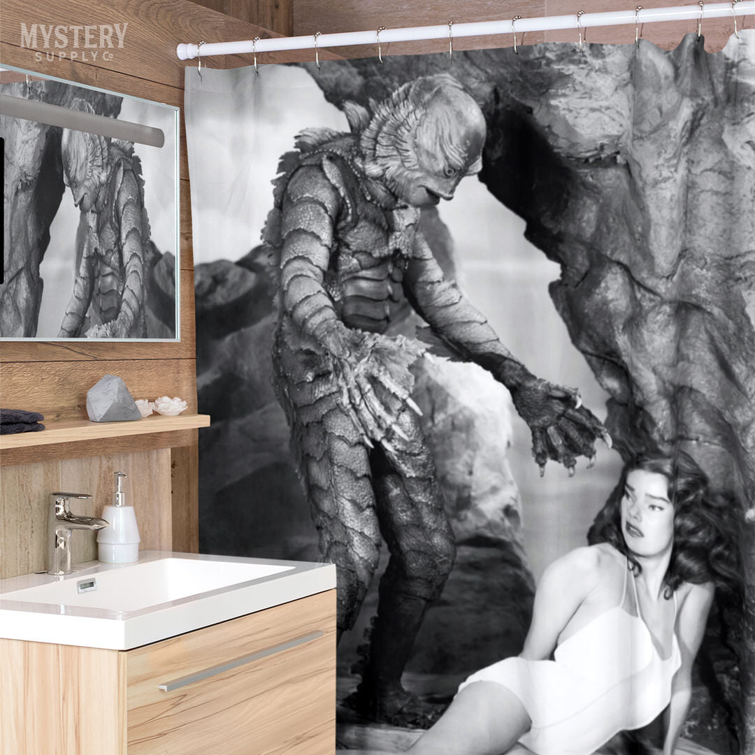 Creature from the Black Lagoon 1954 vintage horror monster Julie Adams swim suit and the gill man black and white photo reproduction shower curtain bathroom decor from Mystery Supply Co. @mysterysupplyco