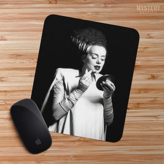 Bride of Frankenstein 1935 Vintage Horror Movie Monster Black and White Makeup Lipstick Behind the Scenes Photo reproduction mousepad from Mystery Supply Co. @mysterysupplyco