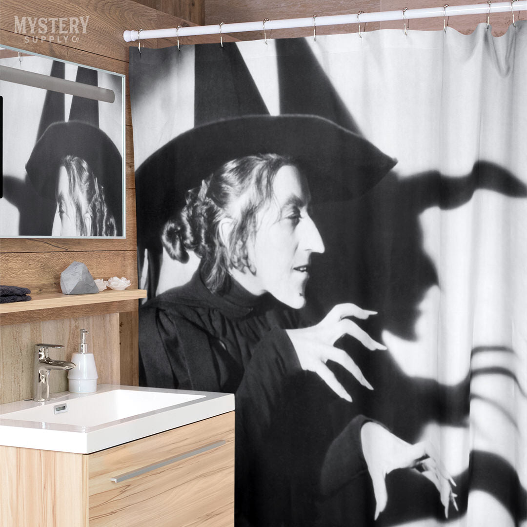 Wicked Witch of the West 1930s vintage profile with shadow Margaret Hamilton Wizard of Oz black and white movie photo reproduction shower curtain bathroom decor from Mystery Supply Co. @mysterysupplyco