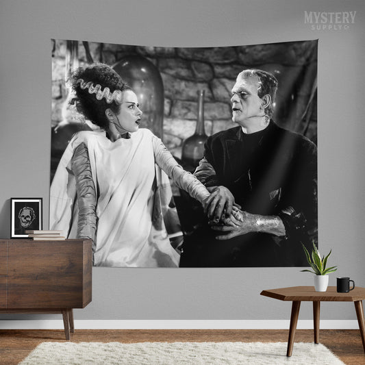 Bride of Frankenstein 1935 Vintage Horror Movie Monster Couple Black and White Tapestry Wall Hanging from Mystery Supply Co. @mysterysupplyco