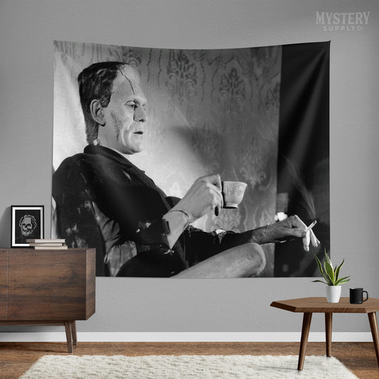 Frankenstein Vintage Boris Karloff Relaxing Smoking Drinking Tea Horror Movie Monster Black and White Photo Tapestry Wall Hanging from Mystery Supply Co. @mysterysupplyco