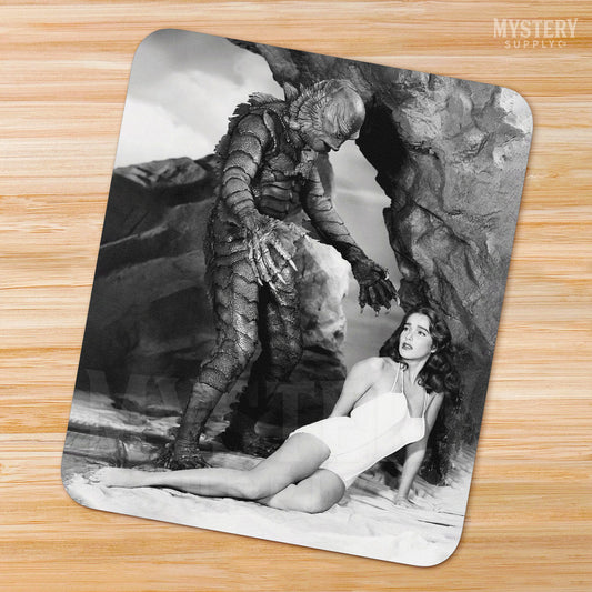 Creature from the Black Lagoon 1954 vintage horror monster Julie Adams swimsuit and the gill man black and white photo reproduction mousepad from Mystery Supply Co. @mysterysupplyco
