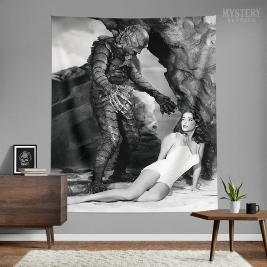 Creature from the Black Lagoon 1954 vintage horror monster Julie Adams swim suit and the gill man black and white photo Tapestry Wall Hanging from Mystery Supply Co. @mysterysupplyco