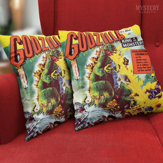  Godzilla 1956 vintage horror monster Gojira lizard double sided decorative throw pillow home decor from Mystery Supply Co. @mysterysupplyco