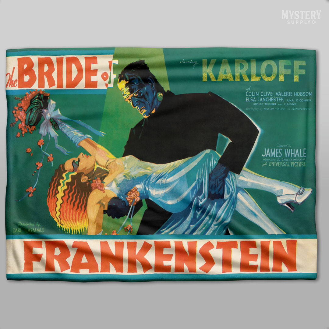 Bride of Frankenstein 1935 vintage promotional illustration horror monster movie poster reproduction velveteen plush throw blanket from Mystery Supply Co. @mysterysupplyco