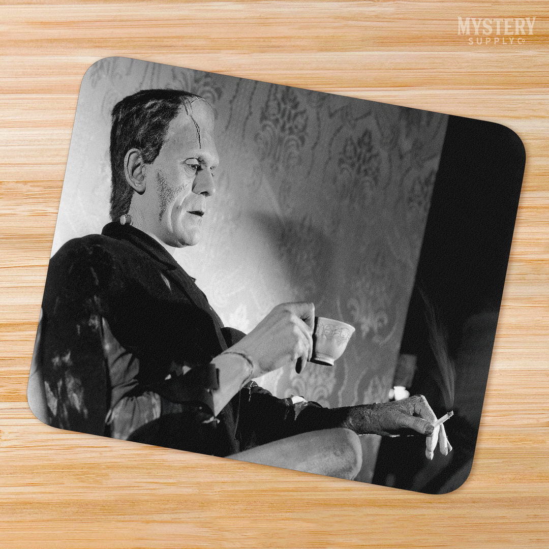 Frankenstein Vintage Boris Karloff Relaxing Smoking Drinking Tea Horror Movie Monster Black and White Photo mousepad office decor desk accessories from Mystery Supply Co. @mysterysupplyco