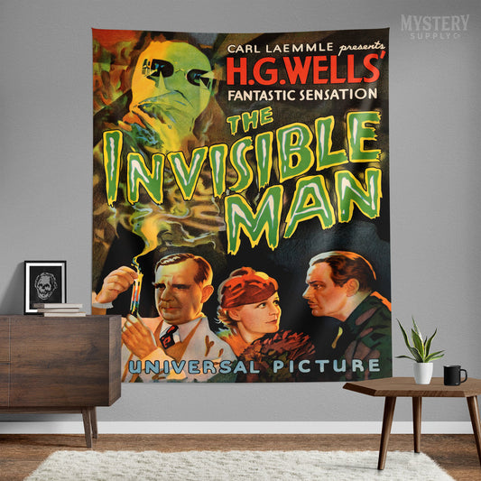 Invisible Man 1933 vintage horror monster H.G. Wells movie poster Tapestry Wall Hanging from Mystery Supply Co. @mysterysupplyco