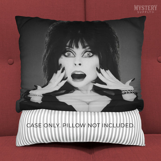 Elvira Mistress of the Dark 1980s Vintage Cassandra Peterson Vampire Horror Monster Beauty Black and White double sided decorative throw pillow case home decor from Mystery Supply Co. @mysterysupplyco