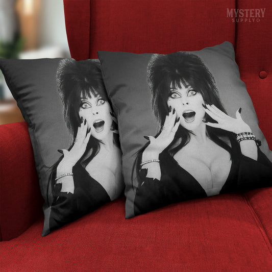 Elvira Mistress of the Dark 1980s Vintage Cassandra Peterson Vampire Horror Monster Beauty Black and White double sided decorative throw pillow home decor from Mystery Supply Co. @mysterysupplyco